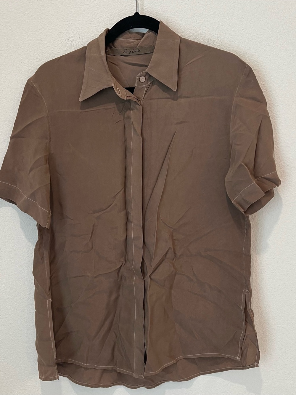 ENZA COSTA 100% cupro Short Sleeve Button Up Shirt XS (0) Olive Lagenlook
